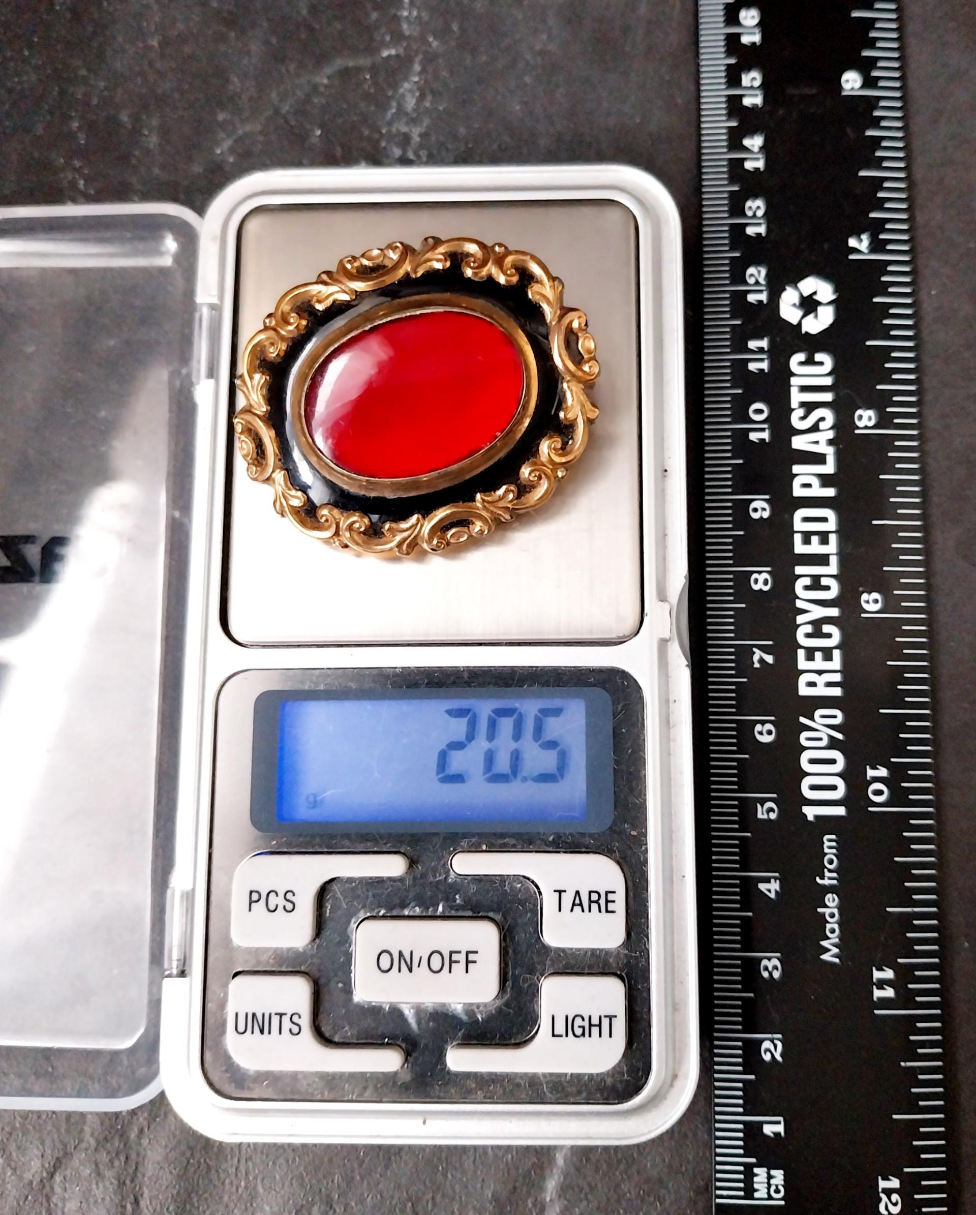 Antique Victorian Mourning Brooch 9ct Gold, Blood Red - 20.5g