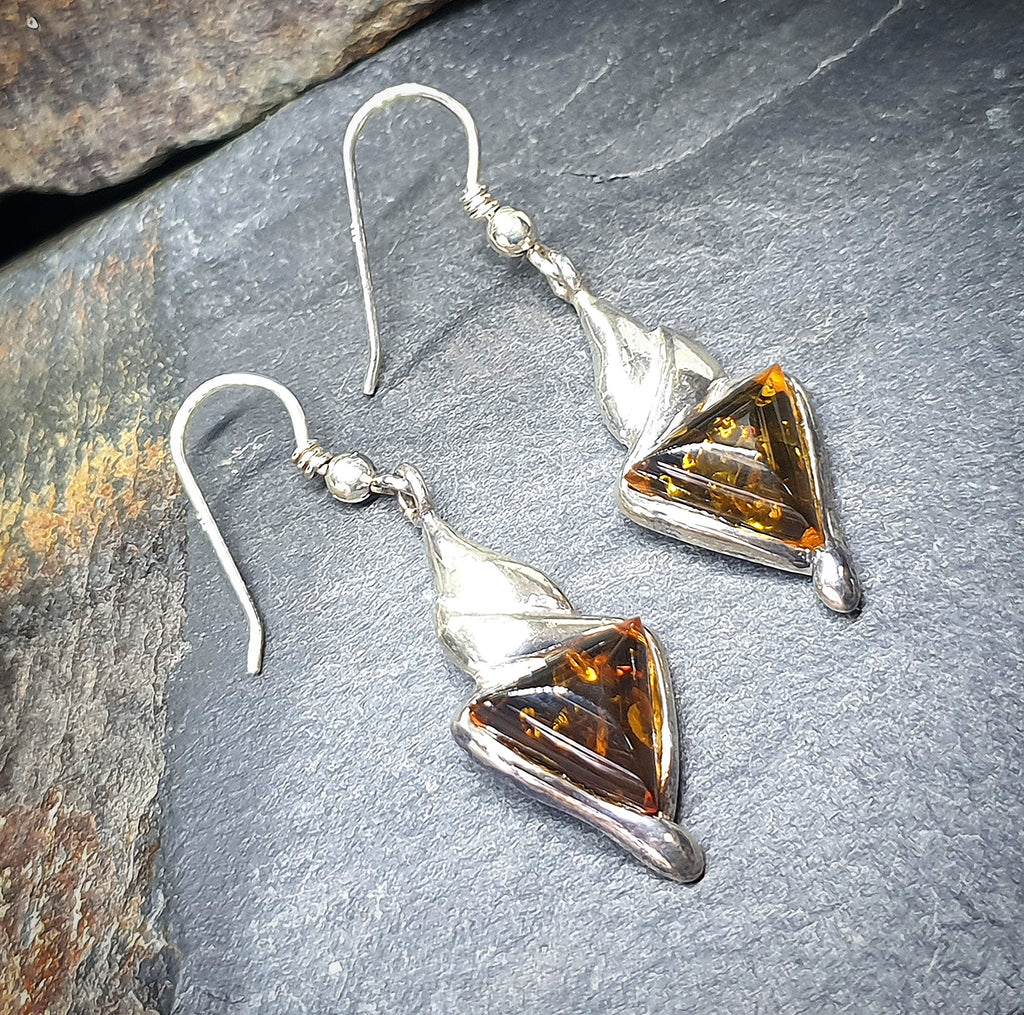 Vintage Sterling Silver AMBER EARRINGS - Dangling  - 4.6g