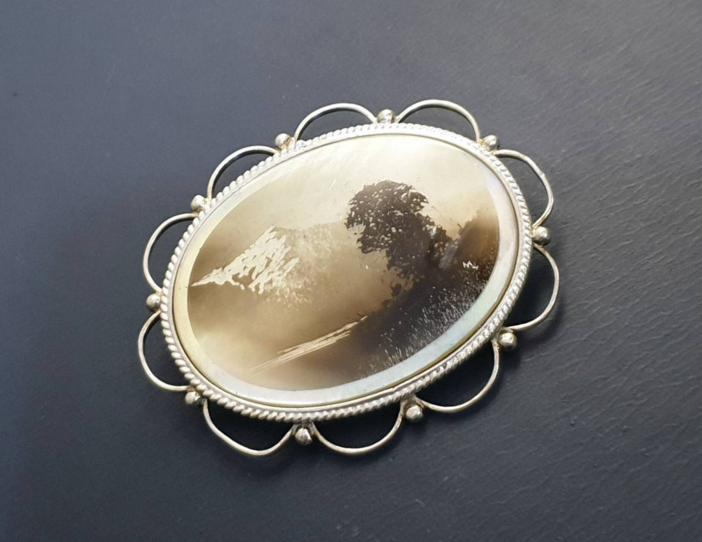 MINIATURE Hand Painted BROOCH - Scottish Loch or Lake in mop & Sterling Silver 13.4g