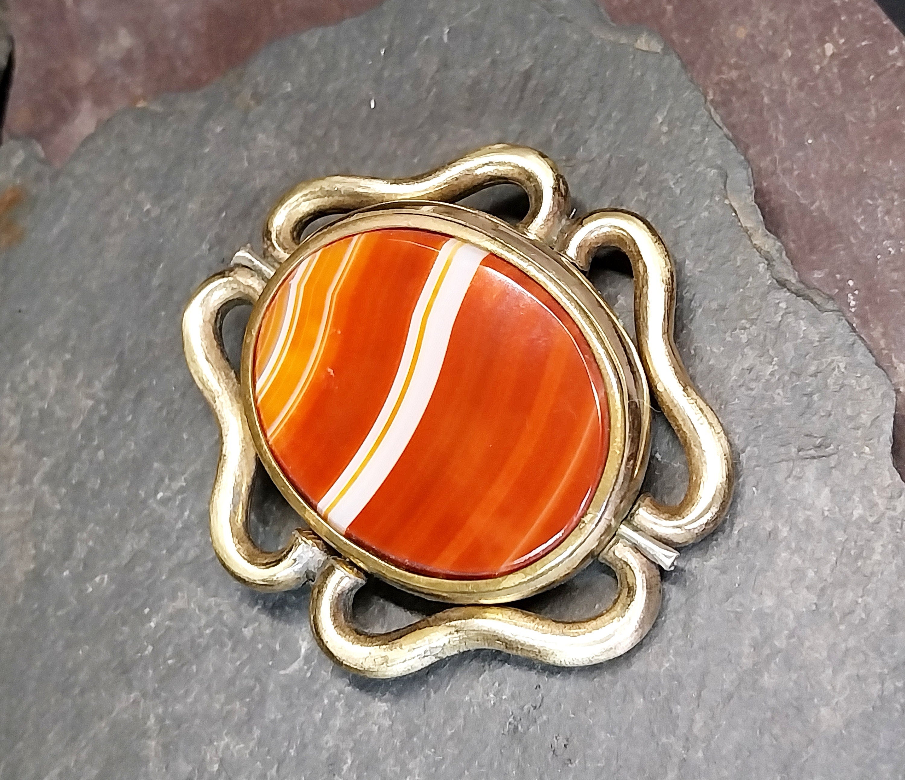 Victorian Large SWIVEL LOCKET BROOCH with Banded Agate & Peacock Panels - 31.5g