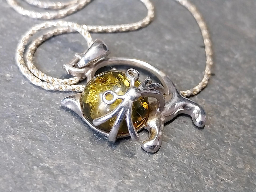 Sterling Silver AMBER CAT Kitten Pendant Chain Necklace 18" Length - 7.1g