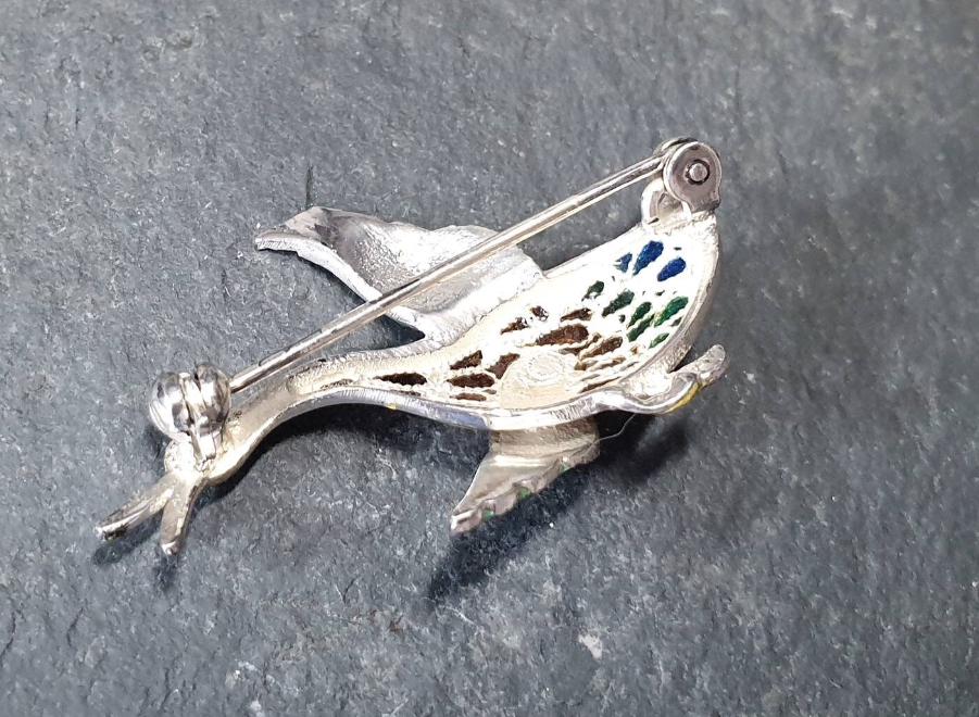 Vintage Silver and Enamel Flying Duck BROOCH - Retro, Kitsch - 4.8g