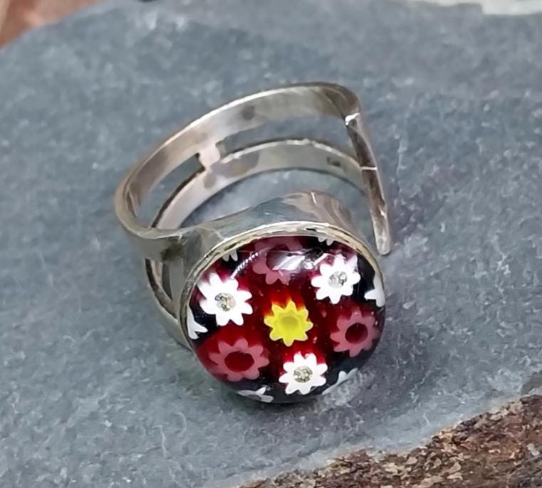Sterling SILVER CAITHNESS Glass Ring - Millefiori adjustable size - 7.6g