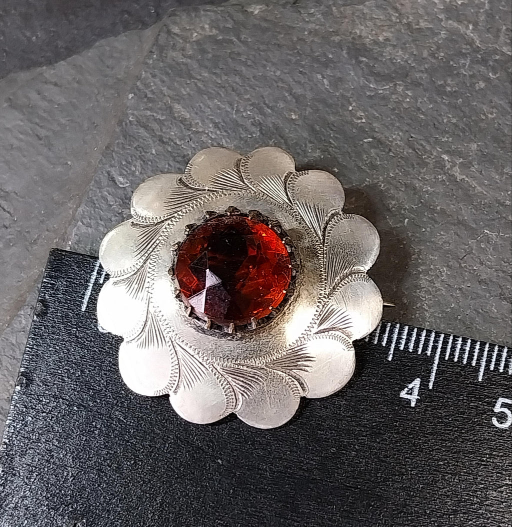 Antique Scalloped Citrine Brooch - Low Grade Silver - 7.4g