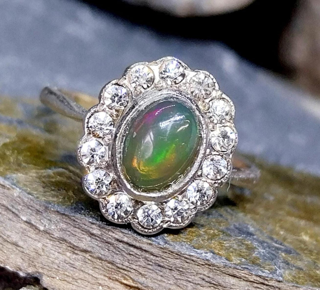 Vintage 9ct Gold & Silver Fire Opal and Paste Stones Ring - Art Deco - Size uk O (us 7) - 2.3g