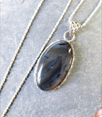 Large Sterling Silver Moss / Mottled Agate Necklace Pendant on 20" Chain - 16.4g