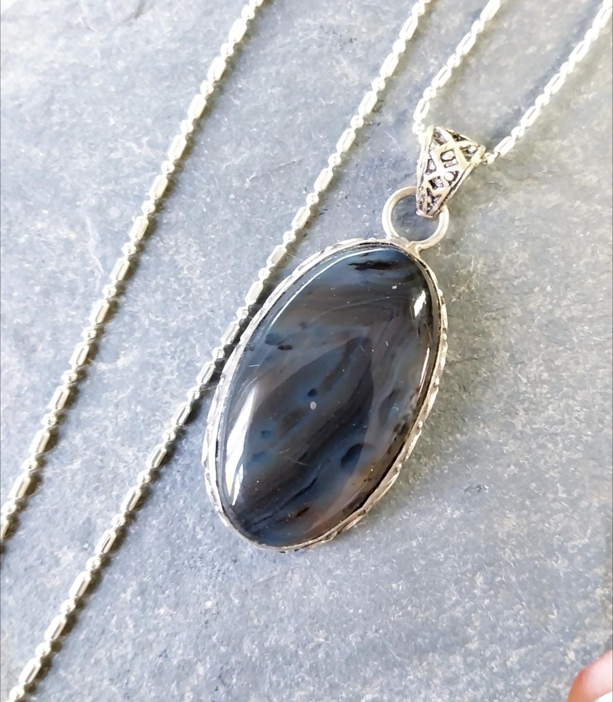 Large Sterling Silver Moss / Mottled Agate Necklace Pendant on 20" Chain - 16.4g