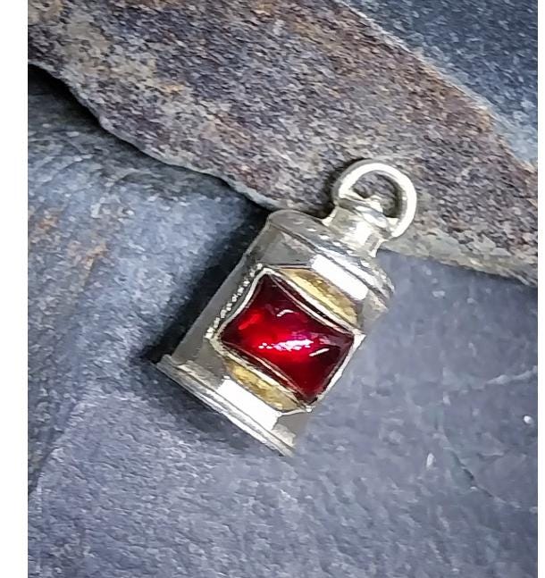 Vintage Silver LANTERN LAMP CHARM - with Red Glass for Bracelet - 3.8g