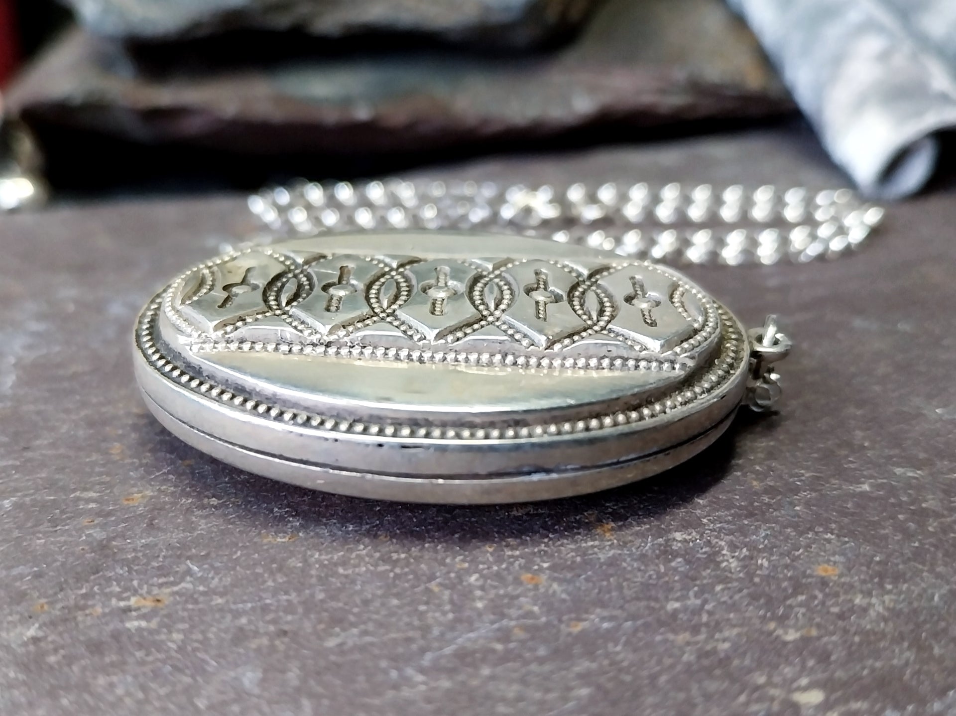 Victorian Sterling Silver Monogram LOCKET - c1876 Blanckensee & Levetus with 20" Chain - 16.4g