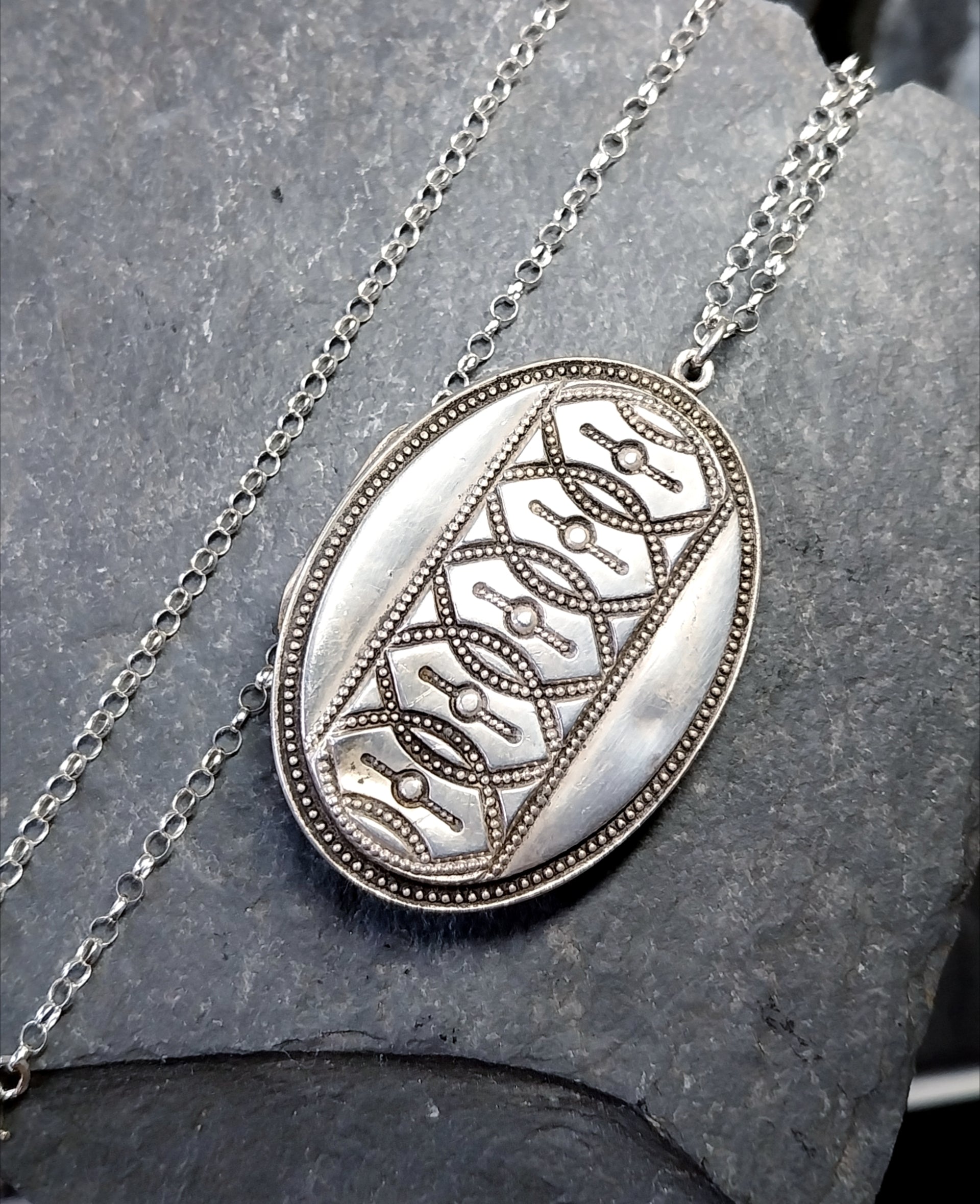 Victorian Sterling Silver Monogram LOCKET - c1876 Blanckensee & Levetus with 20" Chain - 16.4g