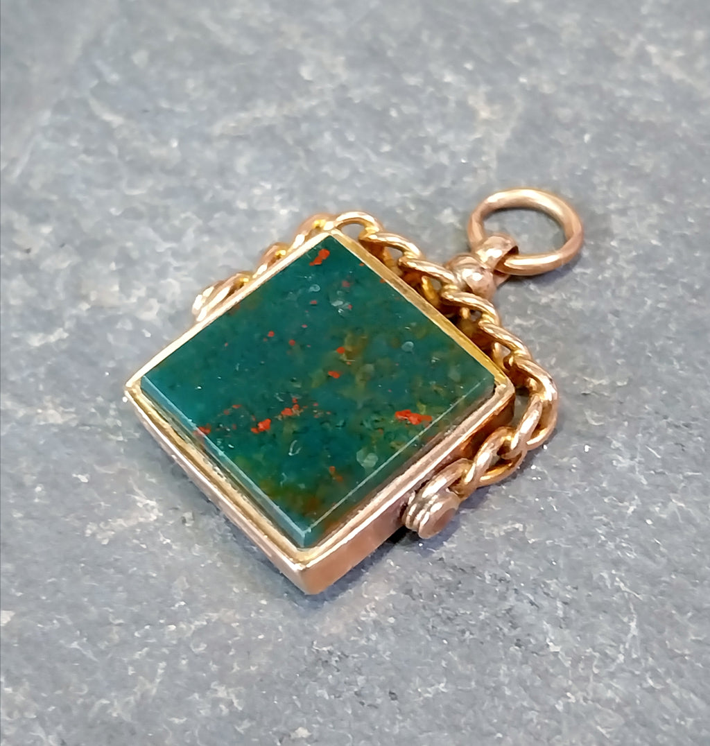 Antique 9ct GOLD BLOODSTONE & CARNELIAN Fob Pendant Spinner - Victorian 1889  7g