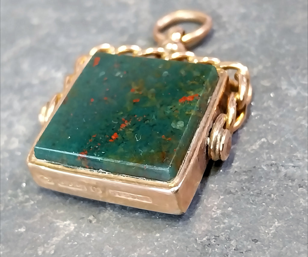 Antique 9ct GOLD BLOODSTONE & CARNELIAN Fob Pendant Spinner - Victorian 1889  7g