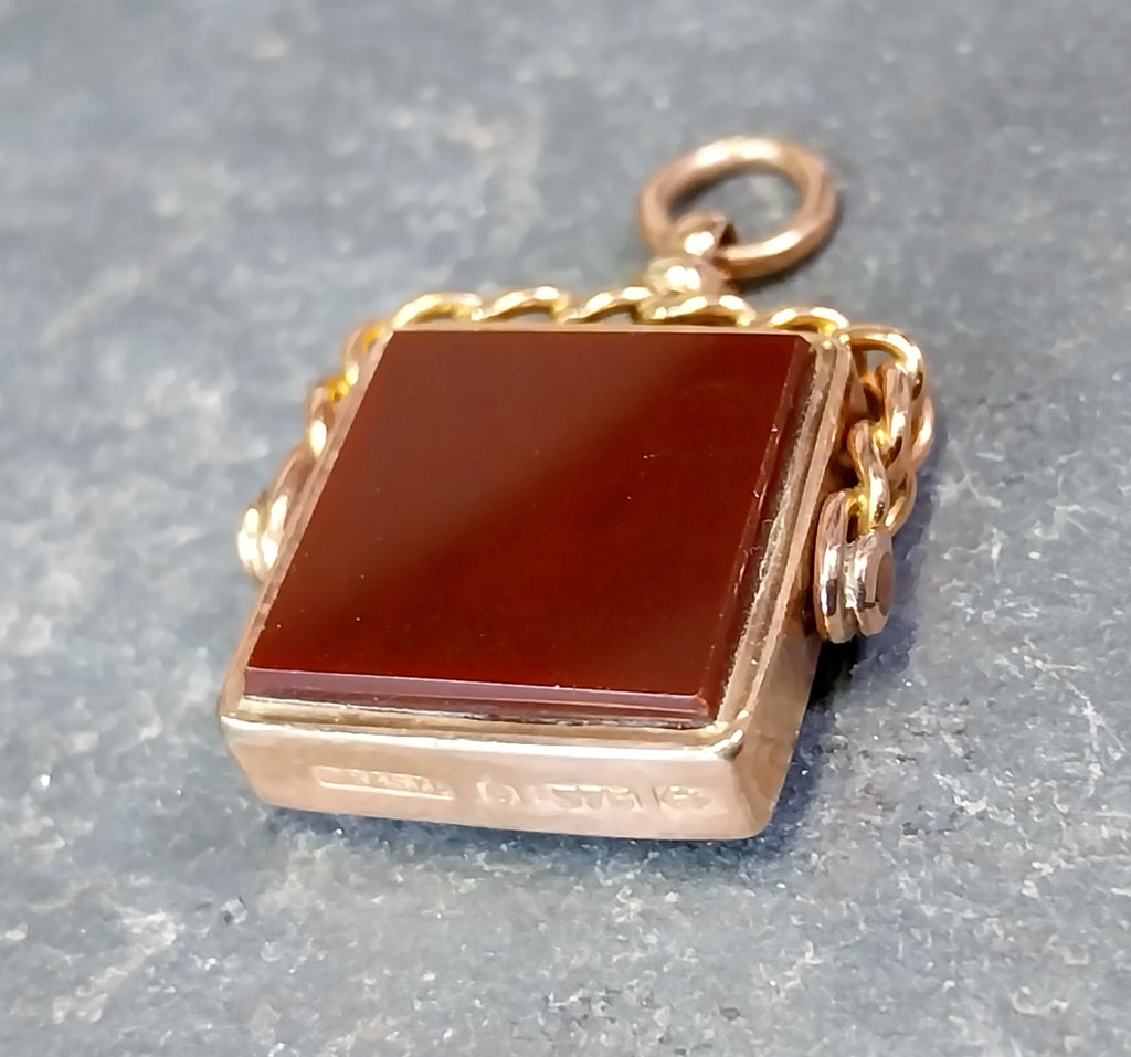 Antique 9ct GOLD BLOODSTONE & CARNELIAN Fob Pendant Spinner - Victorian 1889  7g