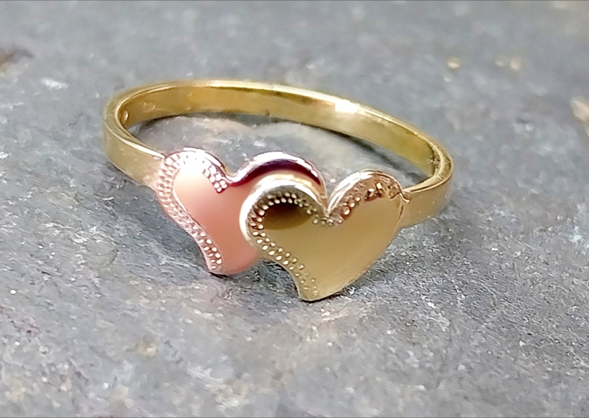 14ct Gold Double HEART RING - Yellow and Rose Gold Hearts - uk Size K (US 5)