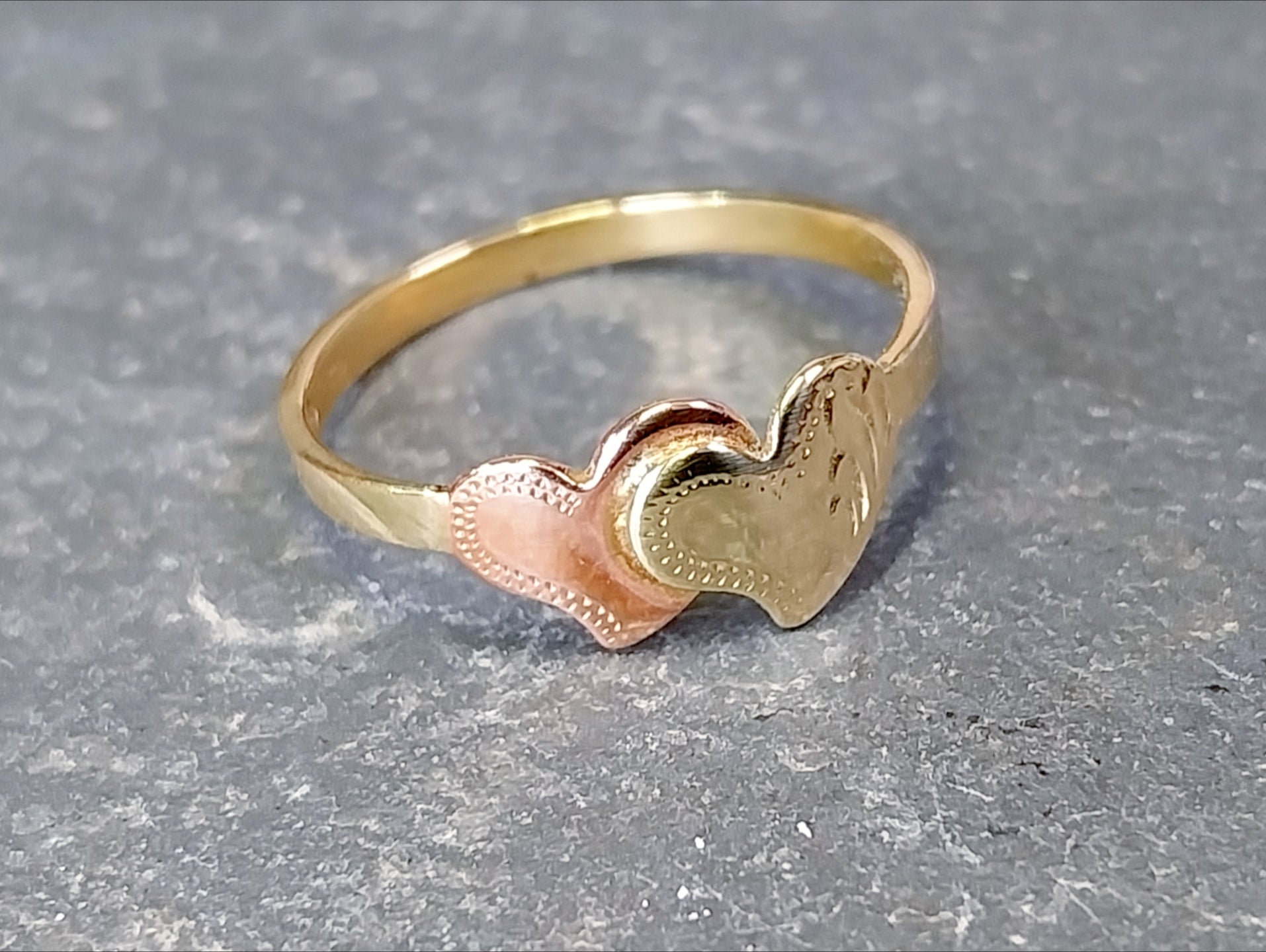 14ct Gold Double HEART RING - Yellow and Rose Gold Hearts - uk Size K (US 5)