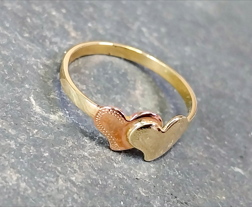 14ct Gold Double HEART RING - Yellow and Rose Gold Hearts - uk Size K (US 5)