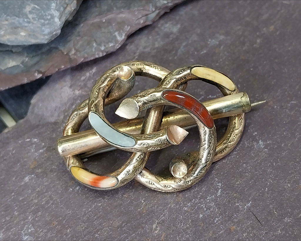 Antique Victorian SERPENT BROOCH - Infinity Lovers Knot with Agate - Rolled Gold