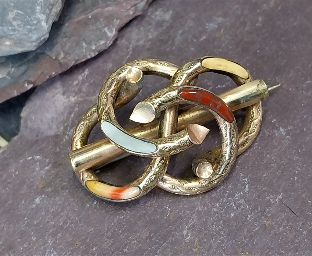 Antique Victorian SERPENT BROOCH - Infinity Lovers Knot with Agate - Rolled Gold