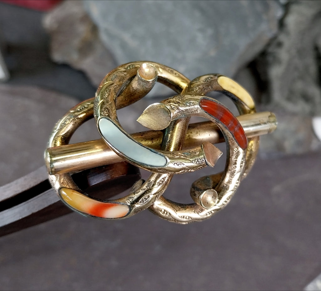 Antique Victorian SERPENT BROOCH - Infinity Lovers Knot with Agate - Rolled Gold
