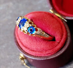 Antique Victorian 9ct GOLD Ring c.1887 - Blue Stones - UK Size P (us 7.5) - 1.4g