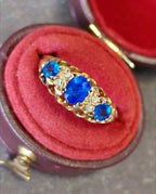 Antique Victorian 9ct GOLD Ring c.1887 - Blue Stones - UK Size P (us 7.5) - 1.4g