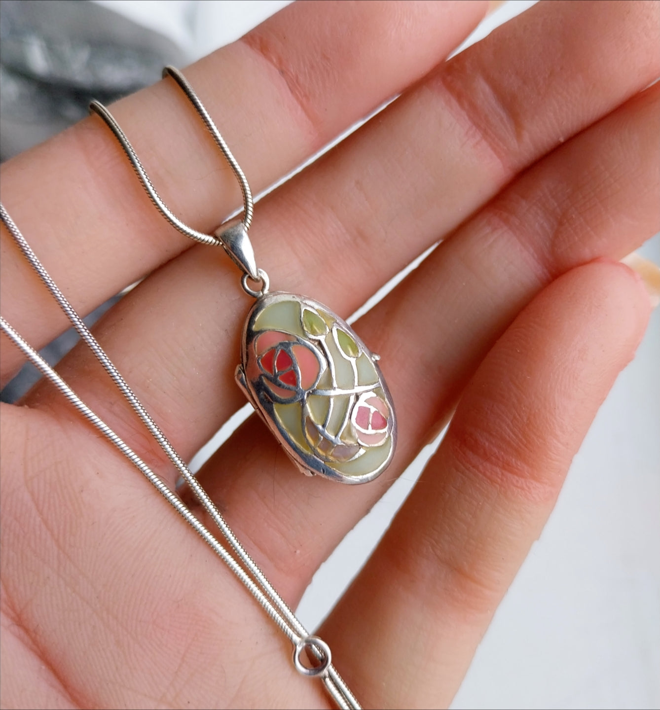 Vintage Silver ENAMEL LOCKET Necklace Mackintosh Style on 16" - 18" Chain - 6.4g