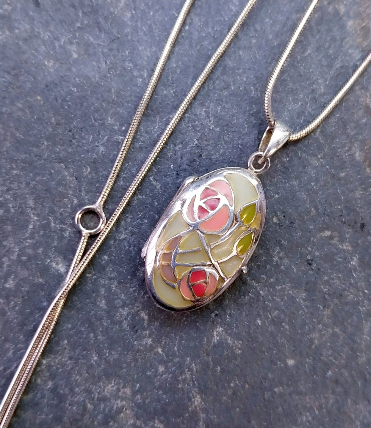 Vintage Silver ENAMEL LOCKET Necklace Mackintosh Style on 16" - 18" Chain - 6.4g