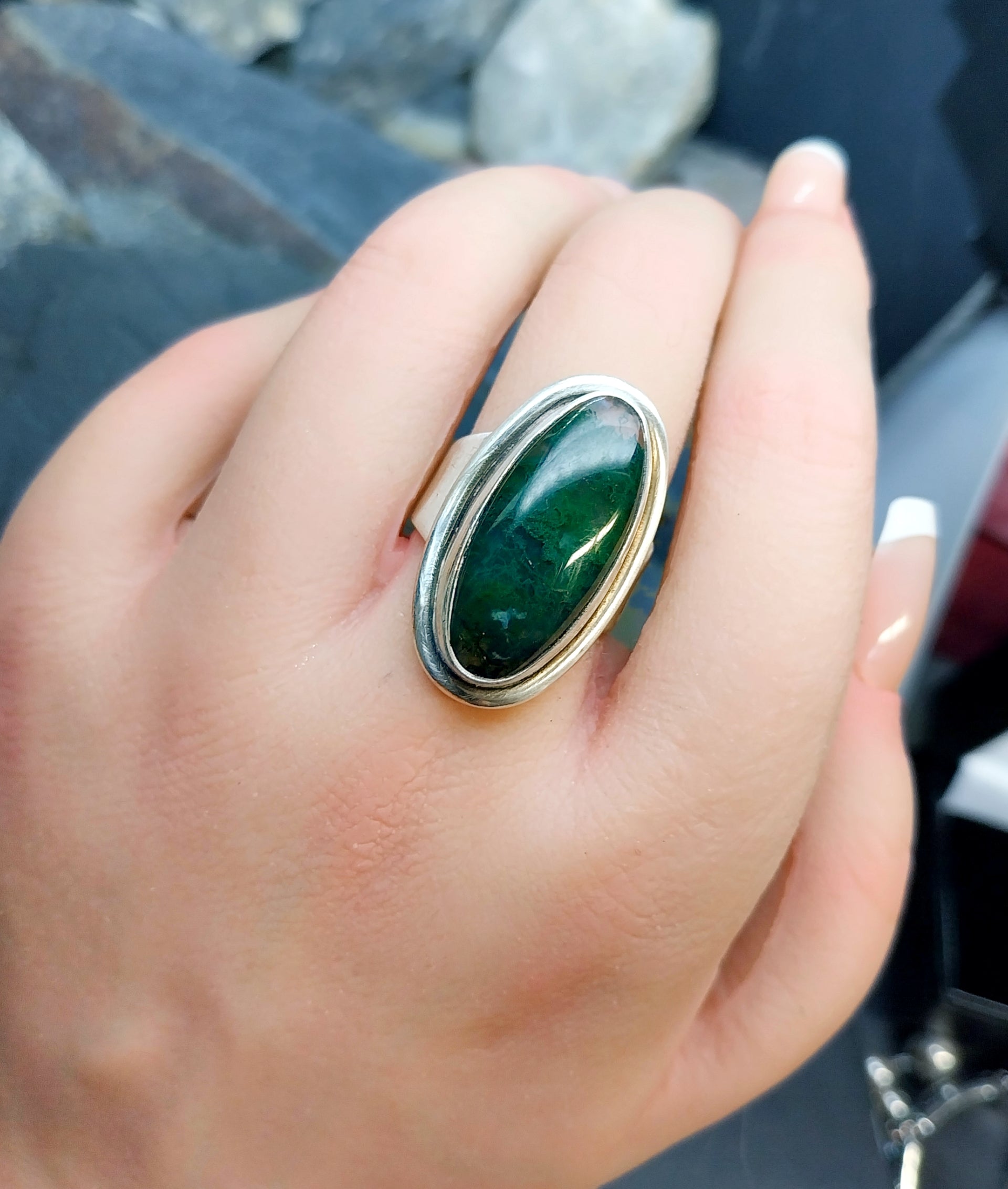 Vintage Carl Ove FRYDENSBERG COF Denmark Moss Agate Silver RING Size P (7.5) - 7.7g