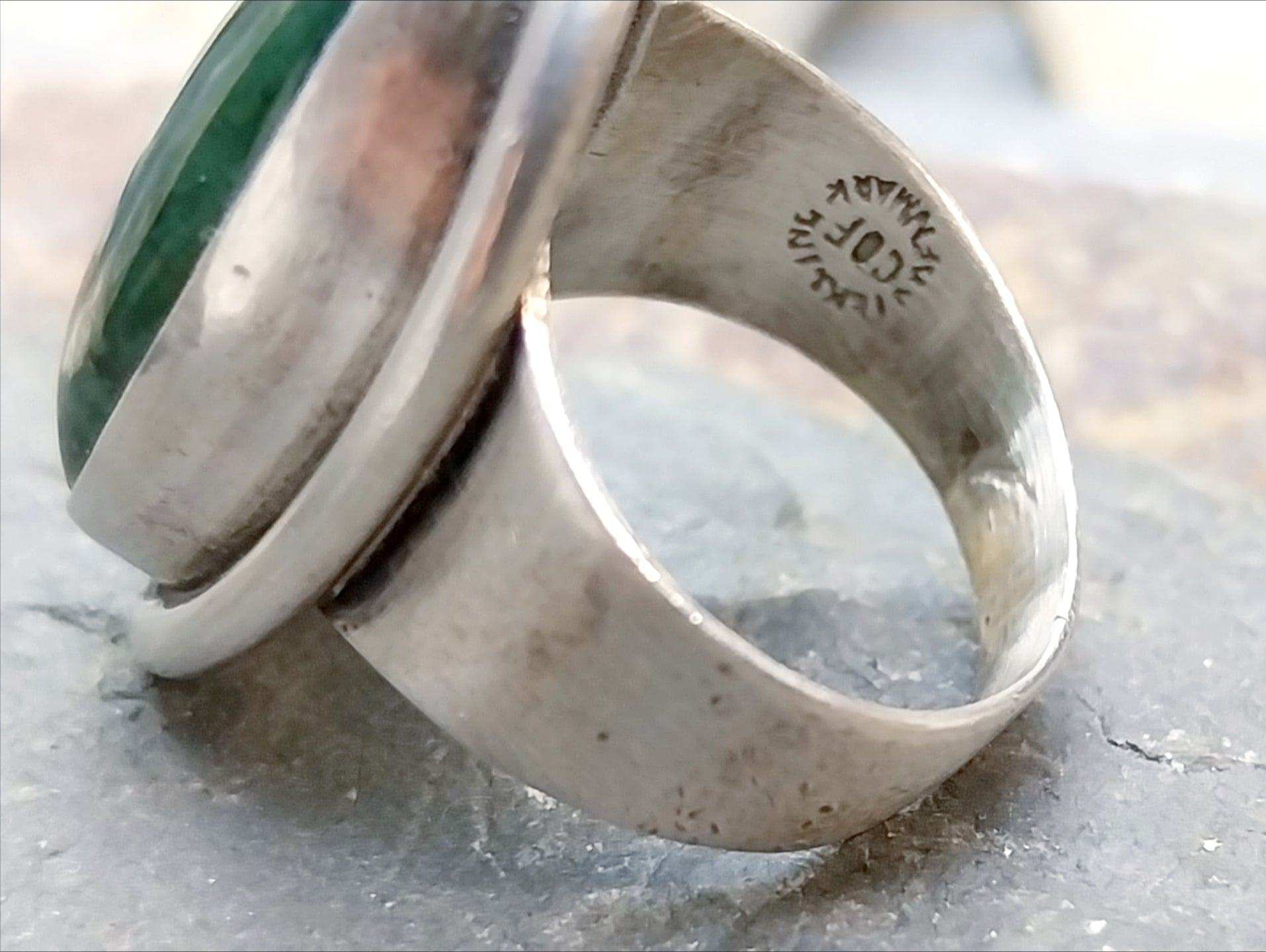 Vintage Carl Ove FRYDENSBERG COF Denmark Moss Agate Silver RING Size P (7.5) - 7.7g