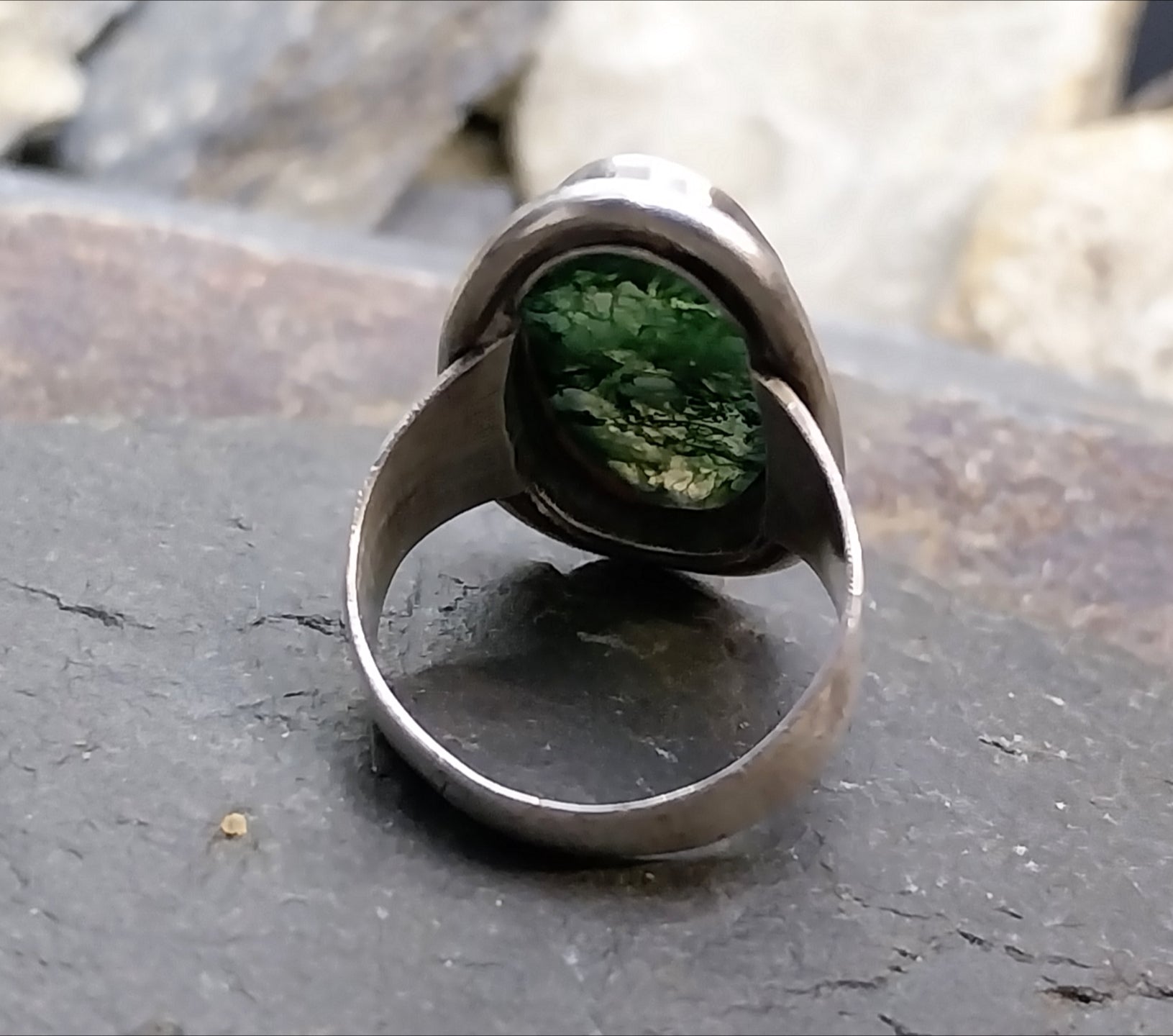 Vintage Carl Ove FRYDENSBERG COF Denmark Moss Agate Silver RING Size P (7.5) - 7.7g