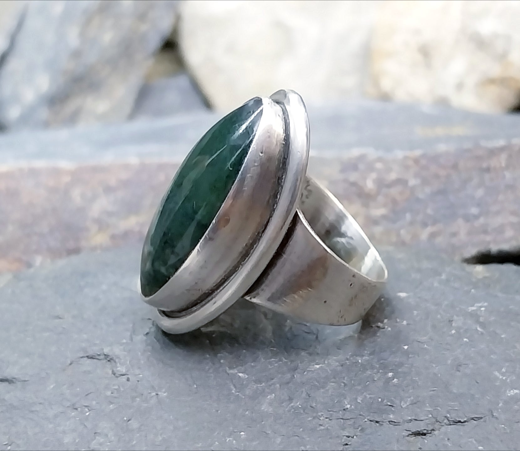 Vintage Carl Ove FRYDENSBERG COF Denmark Moss Agate Silver RING Size P (7.5) - 7.7g