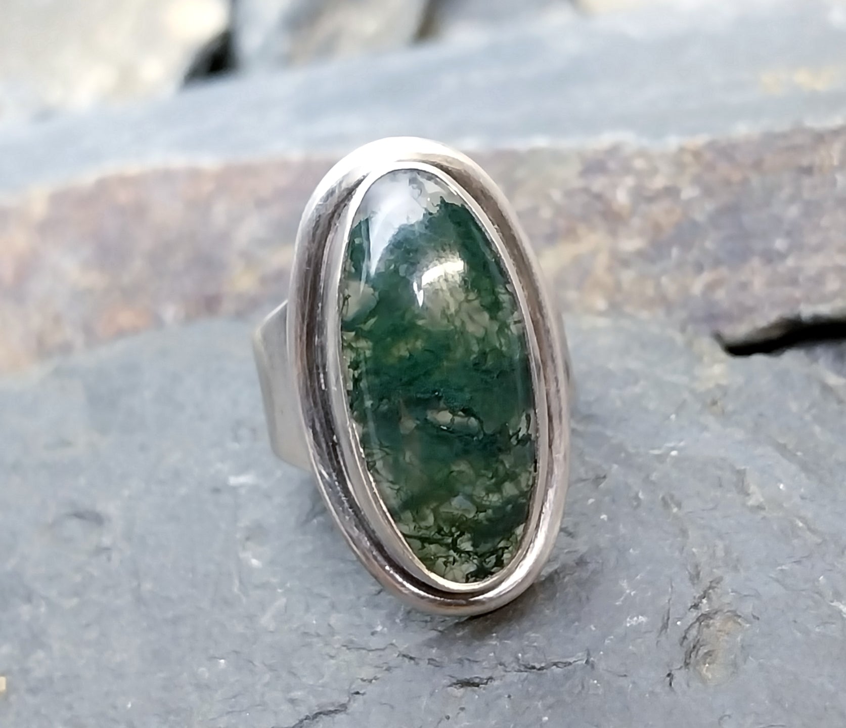 Vintage Carl Ove FRYDENSBERG COF Denmark Moss Agate Silver RING Size P (7.5) - 7.7g
