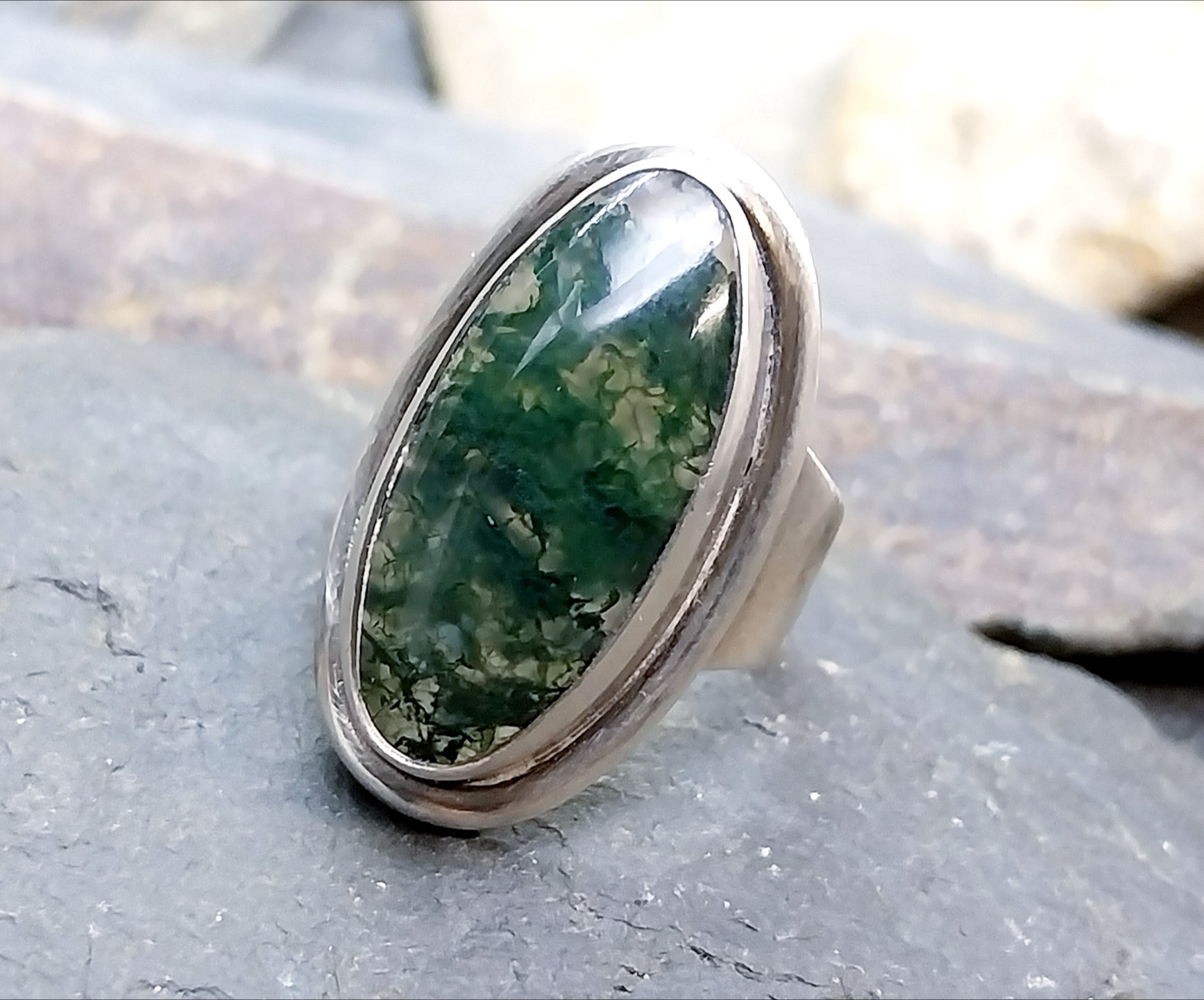 Vintage Carl Ove FRYDENSBERG COF Denmark Moss Agate Silver RING Size P (7.5) - 7.7g