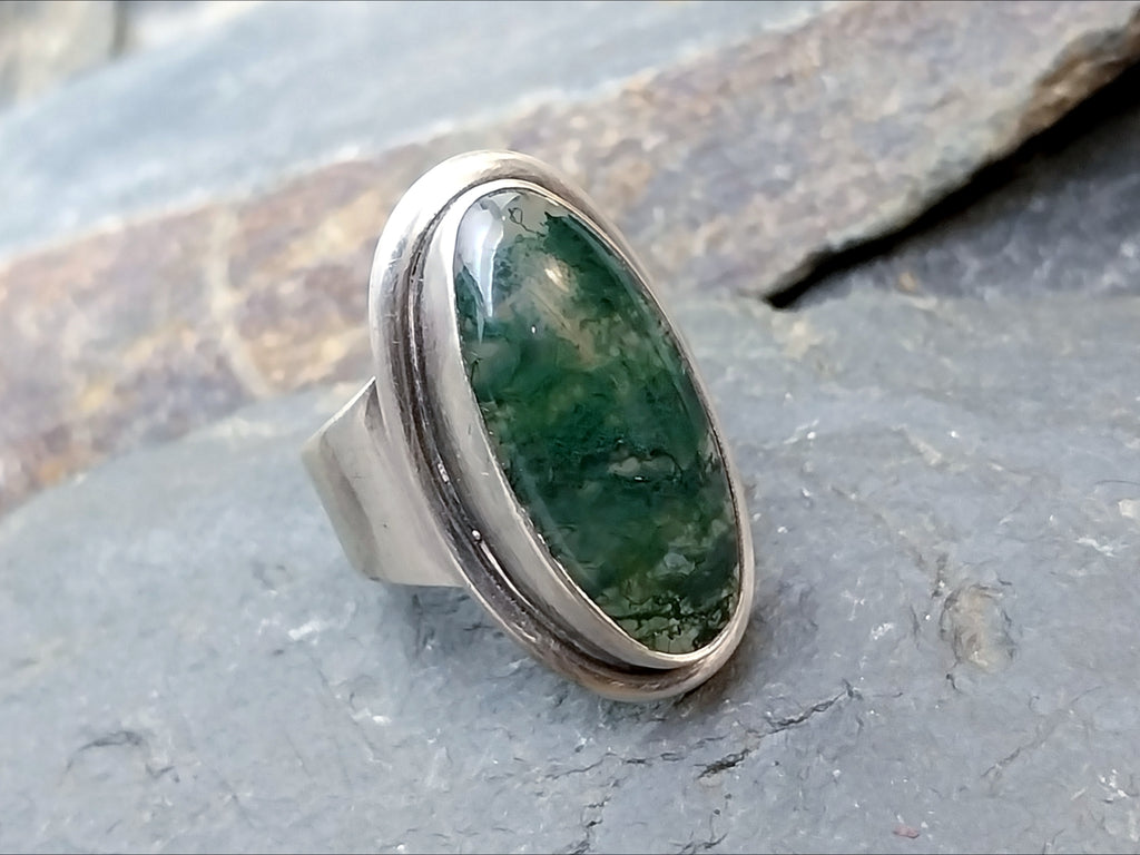 Vintage Carl Ove FRYDENSBERG COF Denmark Moss Agate Silver RING Size P (7.5) - 7.7g