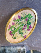 Victorian Large BROOCH with Embroidered Forget me not Flowers - 11.1g