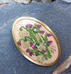 Victorian Large BROOCH with Embroidered Forget me not Flowers - 11.1g