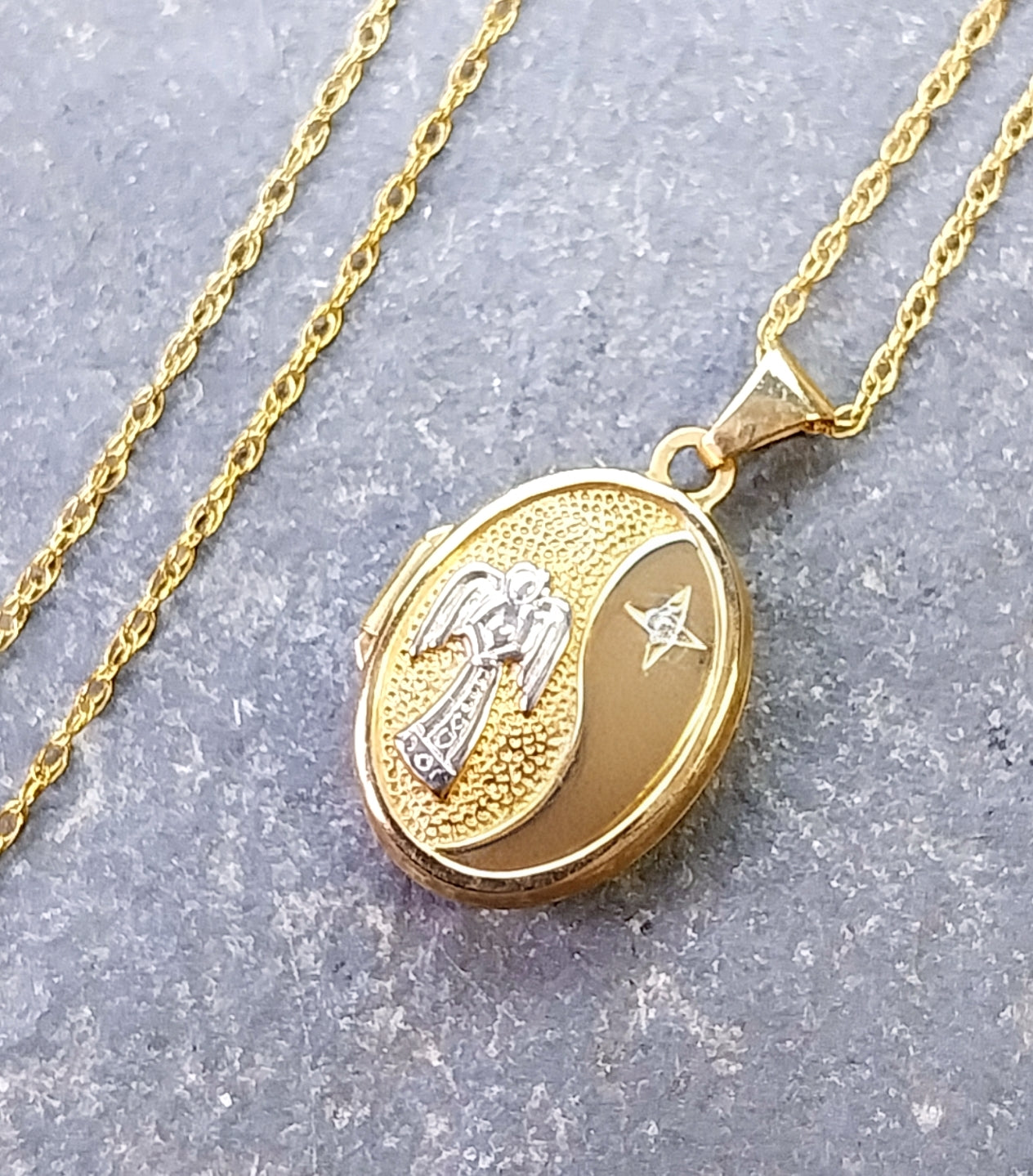 9ct Gold Pendant Locket Guardian Angel w/ Inscription on 18" chain Boxed