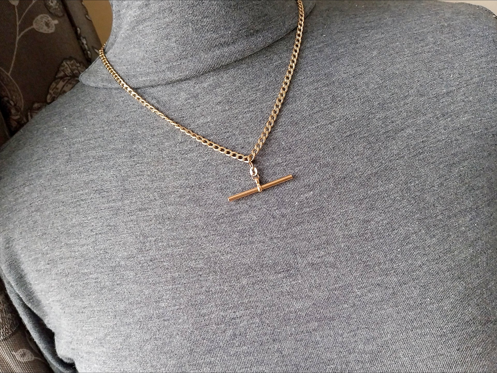 Vintage 9ct Gold CURB T-BAR Chain Necklace with Dog Clip  19" - 8.1g