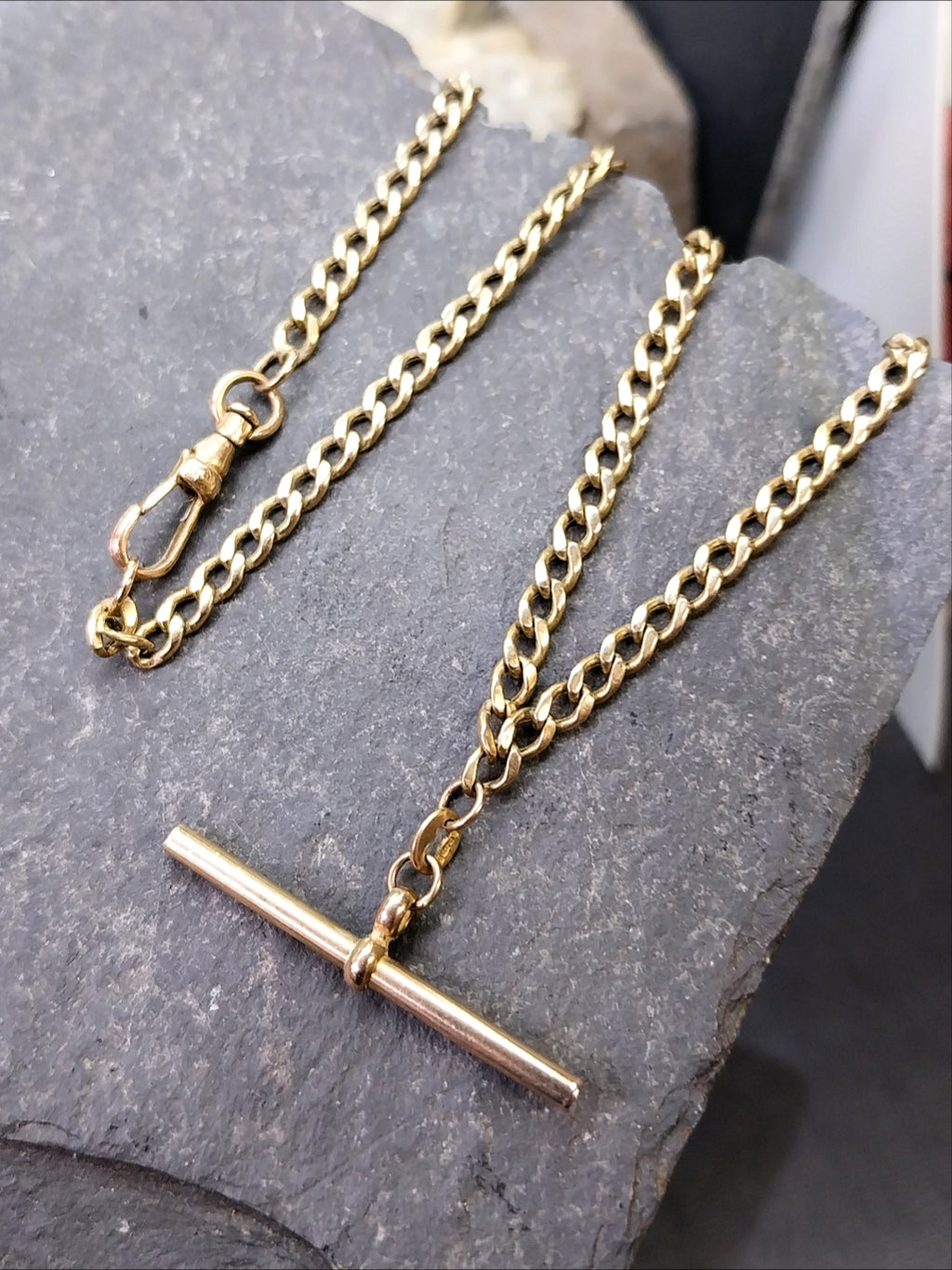 Vintage 9ct Gold CURB T-BAR Chain Necklace with Dog Clip  19" - 8.1g