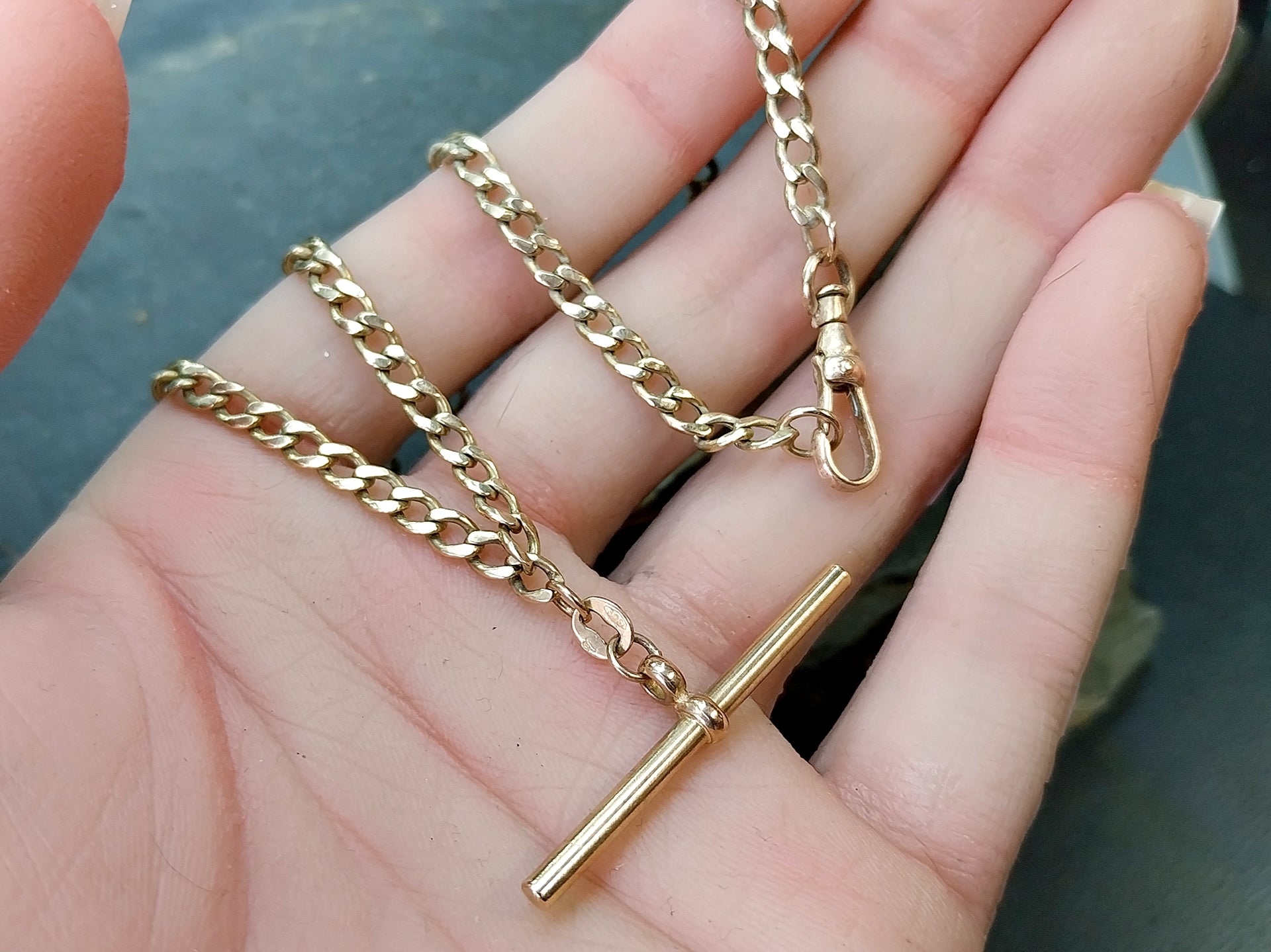 Vintage 9ct Gold CURB T-BAR Chain Necklace with Dog Clip  19" - 8.1g