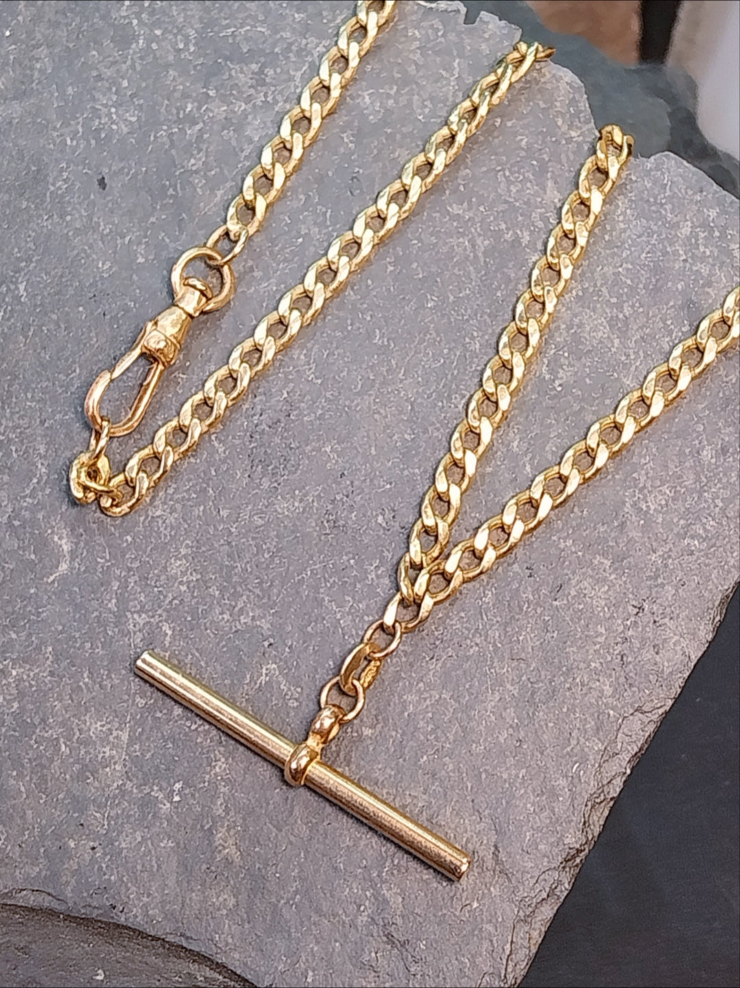 Vintage 9ct Gold CURB T-BAR Chain Necklace with Dog Clip  19" - 8.1g