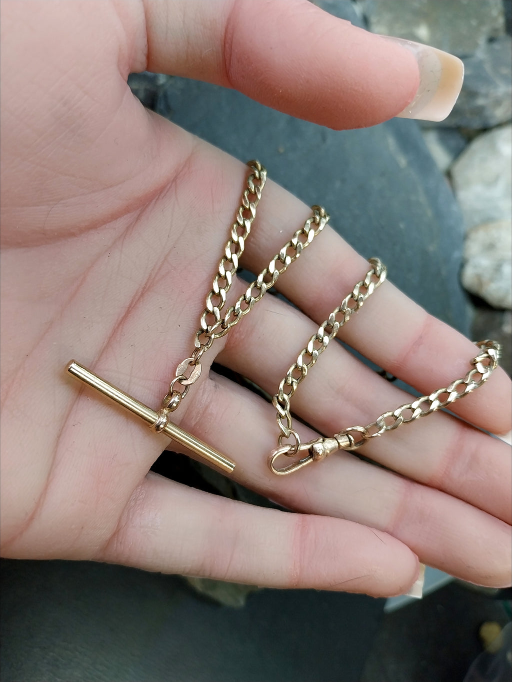 Vintage 9ct Gold CURB T-BAR Chain Necklace with Dog Clip  19" - 8.1g