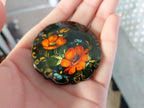 Russian Lacquer Art Brooch with Red Orange Flowers 7.4g