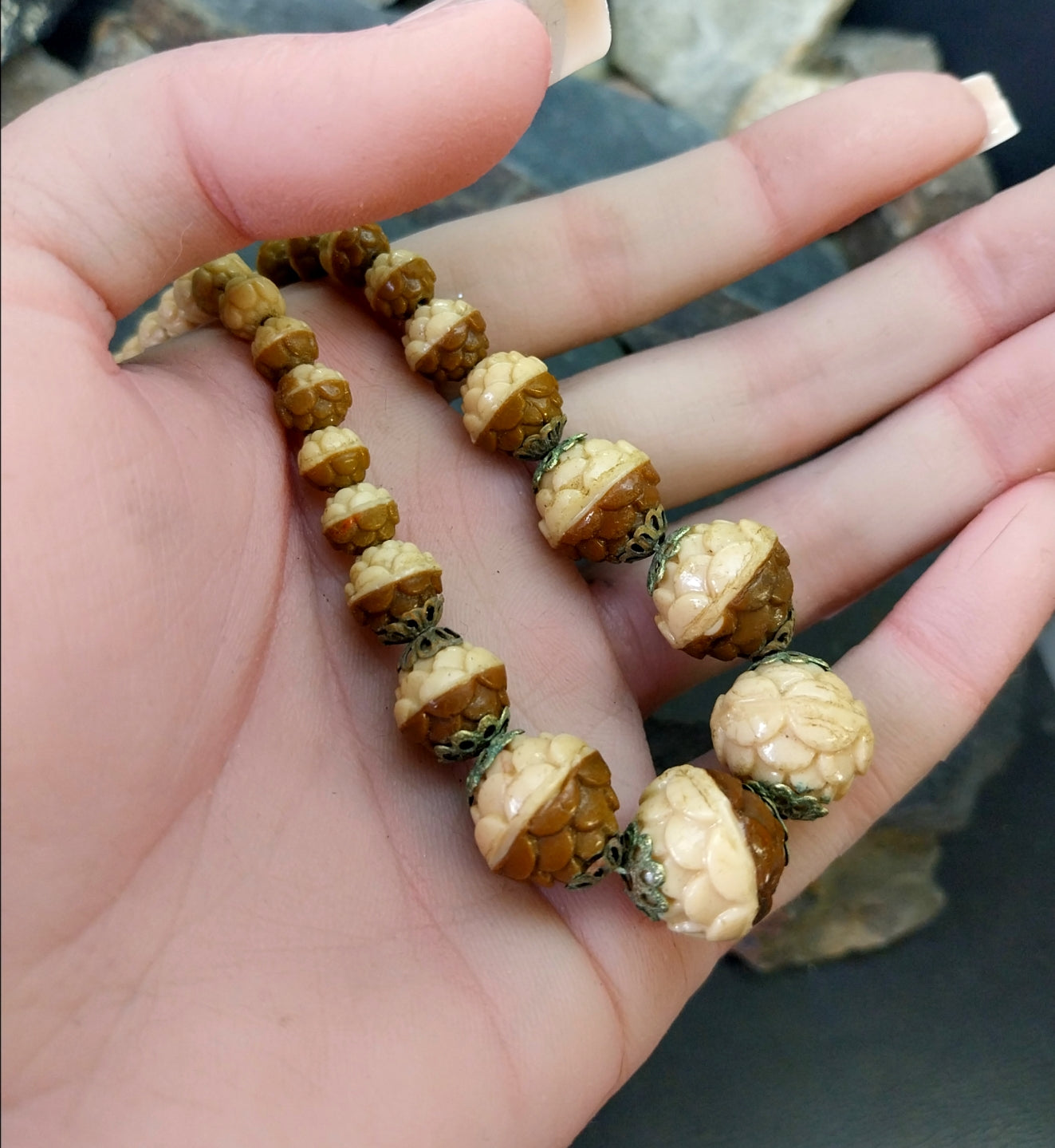 Vintage Acorn Bead Necklace - 17.5" - 34.2g