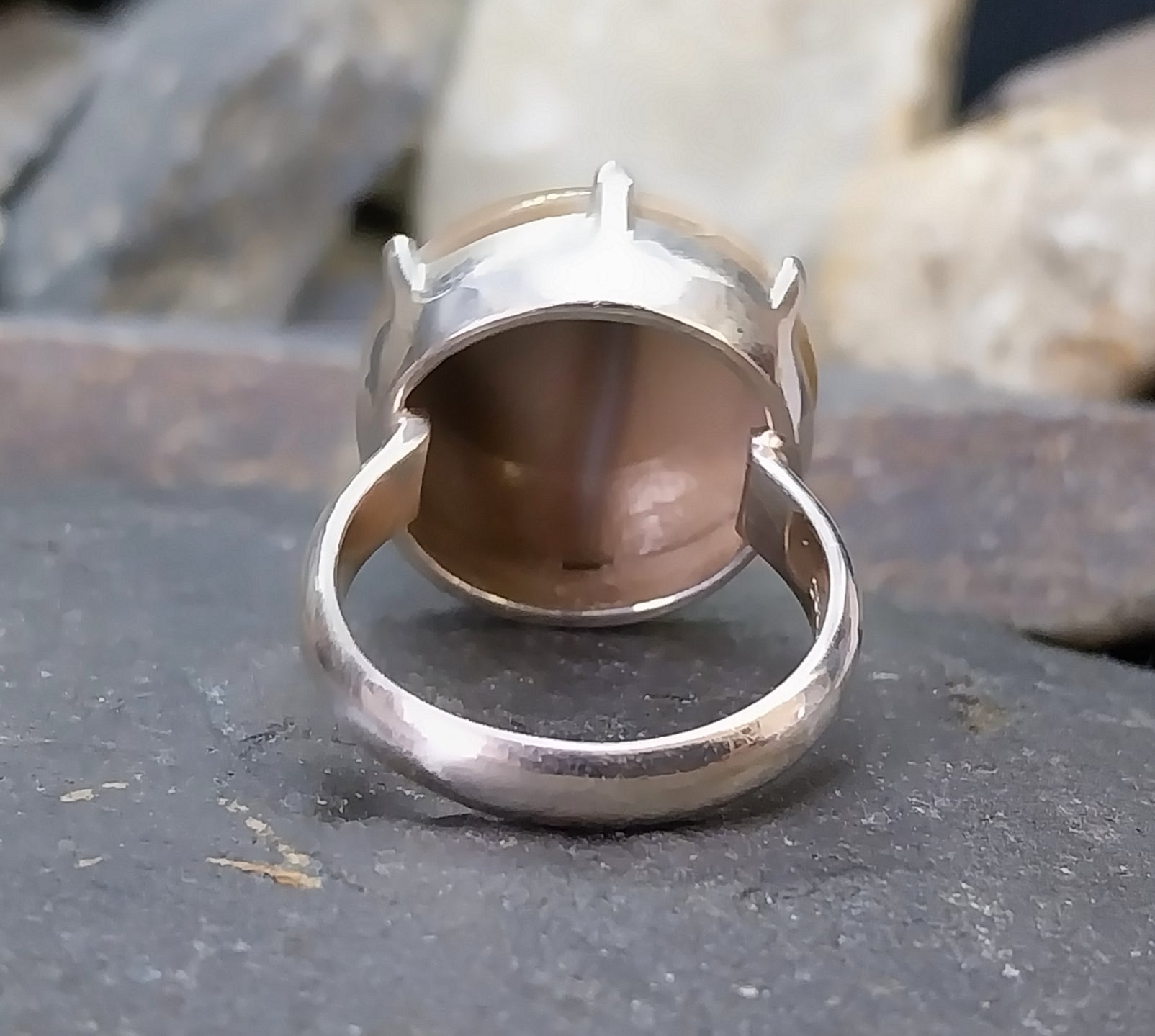 Vintage Large SILVER BANDED AGATE Ring - Size uk P (us.5 7) - 9.3g