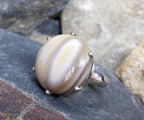 Vintage Large SILVER BANDED AGATE Ring - Size uk P (us.5 7) - 9.3g