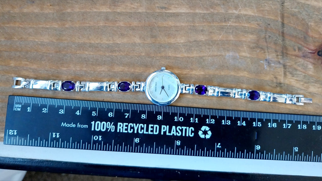 Beautiful Vintage Sterling Silver WATCH - with Amethyst in Strap 18cm - 43g
