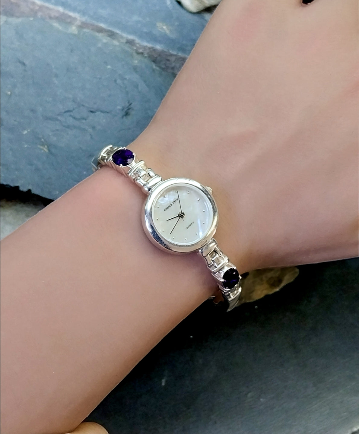 Beautiful Vintage Sterling Silver WATCH - with Amethyst in Strap 18cm - 43g