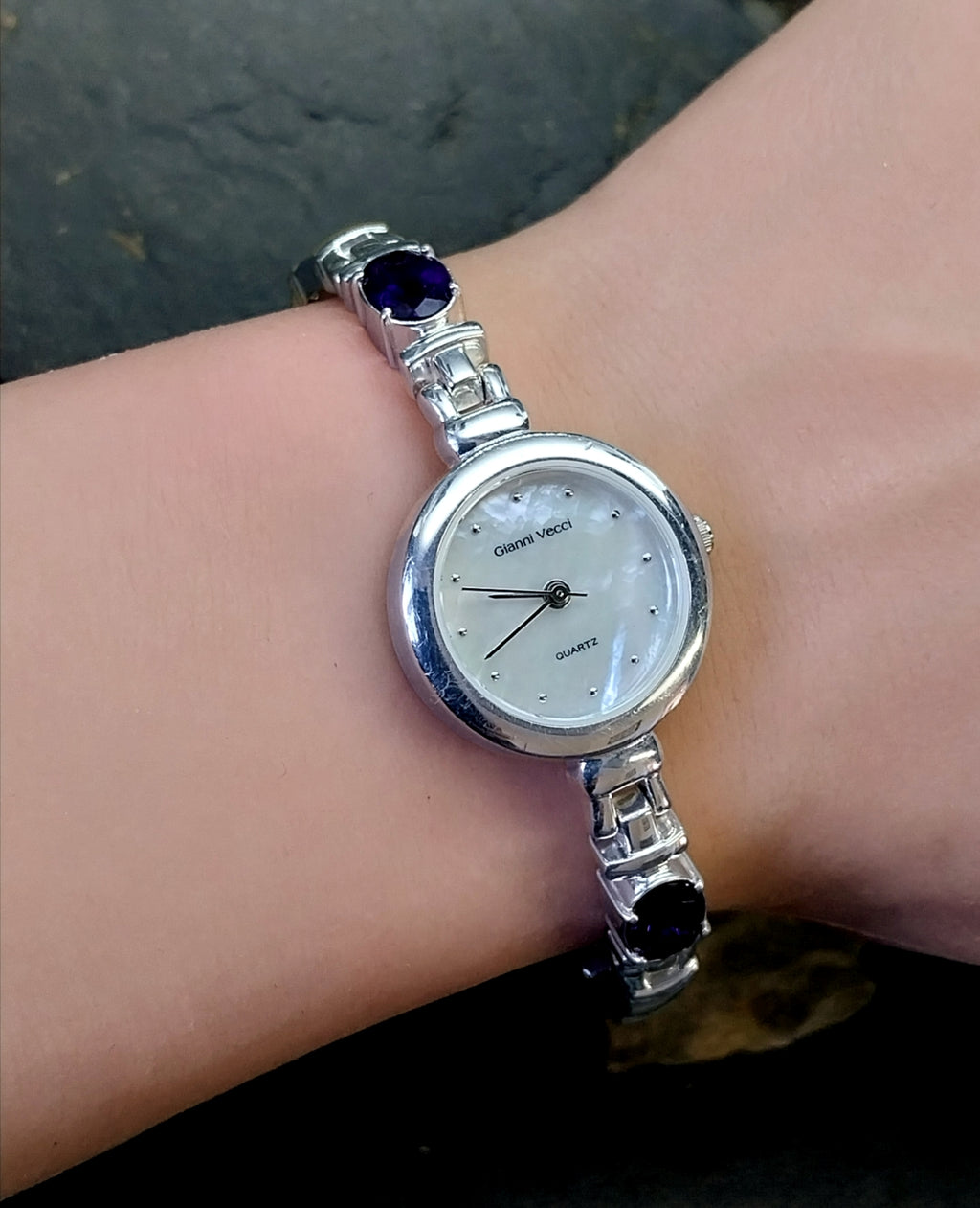 Beautiful Vintage Sterling Silver WATCH - with Amethyst in Strap 18cm - 43g