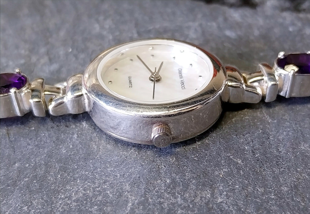 Beautiful Vintage Sterling Silver WATCH - with Amethyst in Strap 18cm - 43g